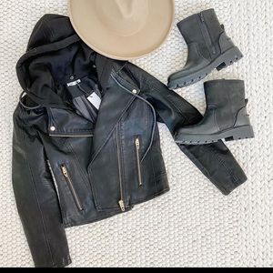 Faux leather moto jacket with detachable hood